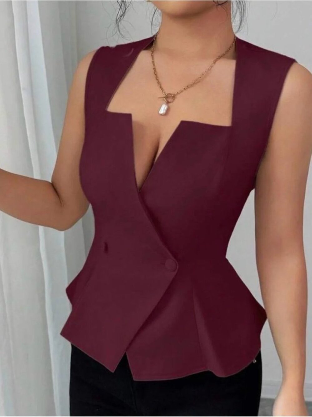 Burgundy Structured Peplum Blouse | Elegant Office Chic Top